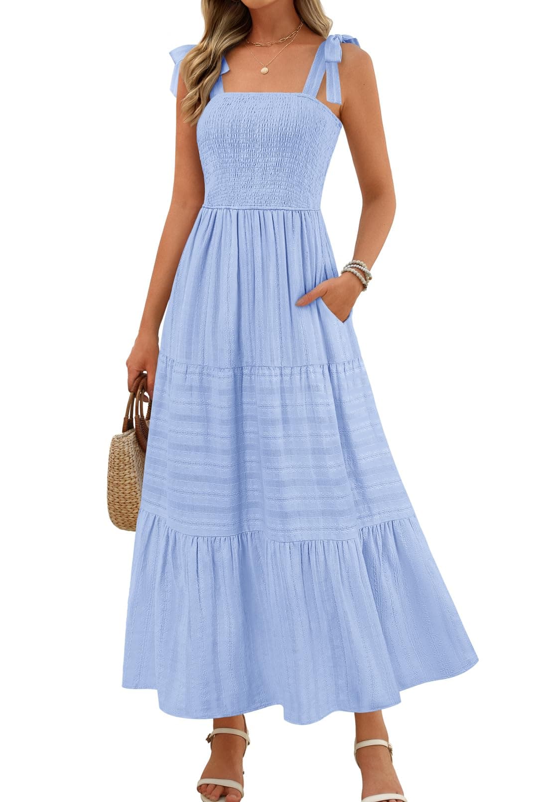 MEROKEETY Womens Summer Boho Maxi Dress Beach Vacation Casual Smocked A Line Sundress with Pockets Blue Large