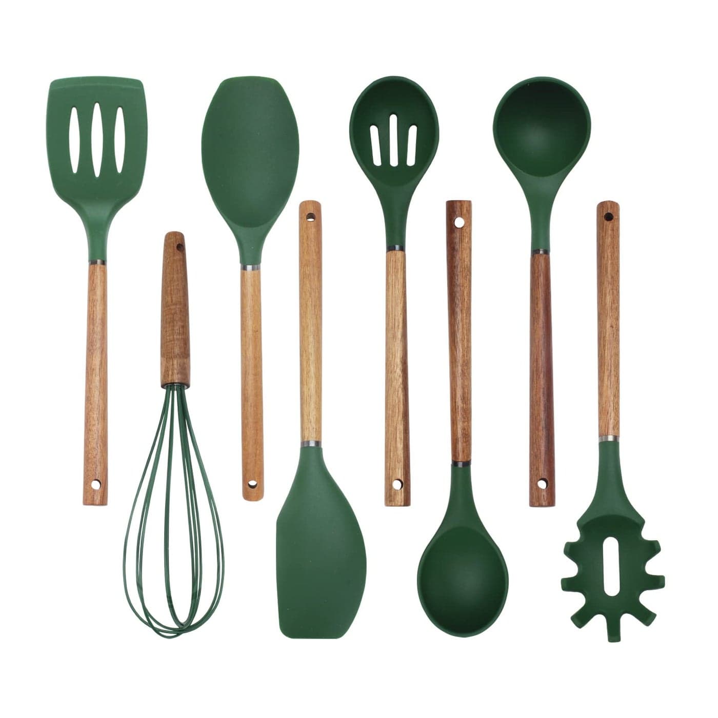 Country Kitchen Non Stick Silicone Utensil Set with Rounded Wood Handles for Cooking and Baking 8 Piece Set Green