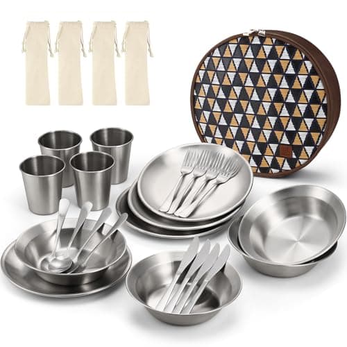 Odoland Stainless Steel Camping Mess Kit for Family & 4 Person, Cooking Tableware Utensils with Plates Bowls Forks Spoons Knives & Savings Bag for Camping, Backpacking, Hiking, Picnic, 4 Person Set