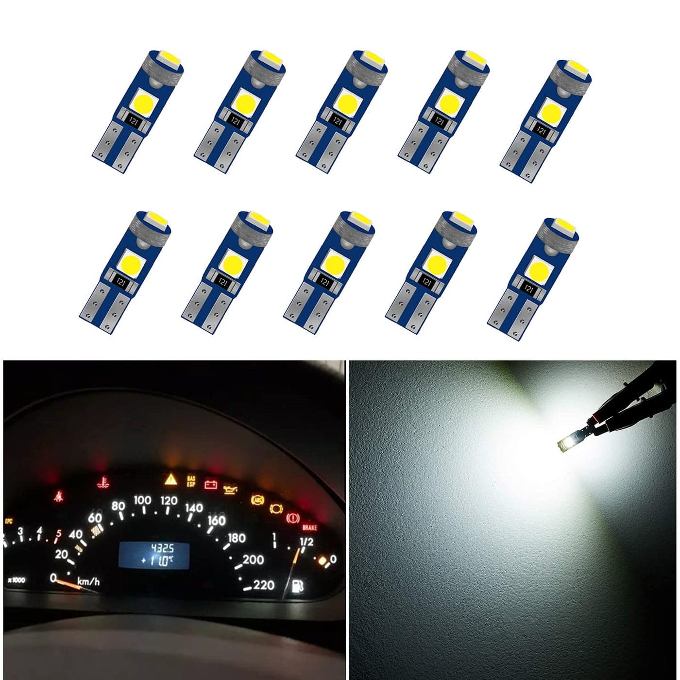 10pcs T5 LED BULBS Dashboard dash lights Super Bright 17 37 70 74 T5 Socket LED Bulbs for Car Interior Dashboard Instrument Panel Gauge Cluster Indicators Lights