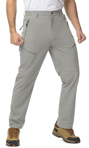 TBMPOY Men's Lightweight Hiking Travel Pants 5 Zip Pockets Stretch Quick Dry Work Pant Cargo Outdoor Camping Fishing Light Grey 34