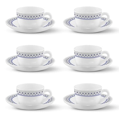 Larah by BOROSIL Ocean Opalware Cup and Saucer Set of 12 pcs | Tea/Coffee Cups 145 ml | Microwave & Dishwasher Safe | Bone-Ash Free | Crockery Set Ideal for Daily Use & Gifting, White