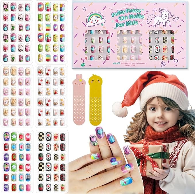 144Pcs Kids Press on Nails Children Girls Short Artificial Fake Nails No fading Stable Quick Stick on Cute Rainbow Unicorn Pre Glue Full Cover Acrylic Nail Tip Kit Gift Kids Nail Decoration Unicorn