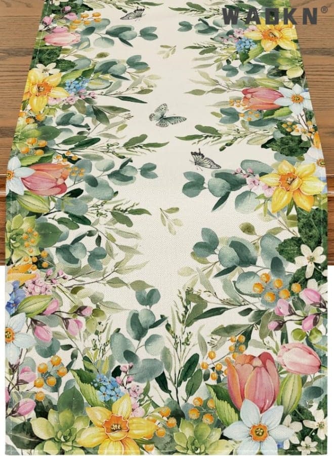 Bloom flowers eucalyptus spring Table Runner, Seasonal Summer Kitchen Dining Table Decoration for Home Party Decor ,for kitchen and living room , soft and comfortable , easy to clean , 183x33cm , green .