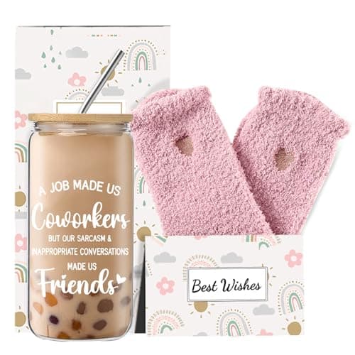 DHQH Coworker Gifts for Women, Coworker 16Oz Glass Coffee Cup with Cosmetic Bag Birthday Gifts Basket, Farewell Gifts Going Away Gift for Coworkers Sister Friends