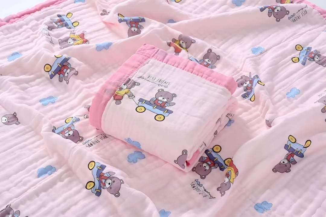 BABY STATION 100% Organic Cotton 6-Layer Muslin Baby Blanket (110x110 cm) is Super Soft, Breathable, and Gentle on Baby's Skin. Perfect for Comfort, Warmth, and Everyday use (Pink Teddy)