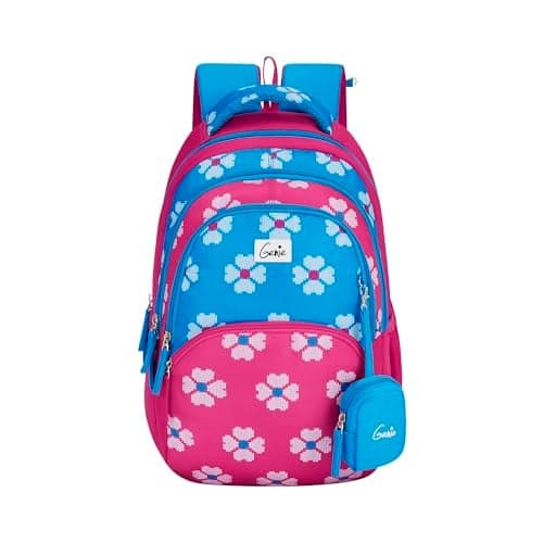Genie Crimson Backpack for Girls, 17" Cute, Colourful Bags, Water Resistant and Lightweight, 3 Compartment with Happy Pouch, 27 Liters, Nylon Twill, Blue