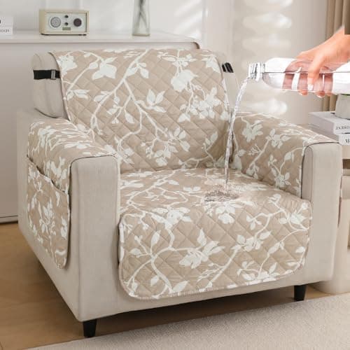 HOKIPO 'Elira Series' Polyester Blend Quilted Water Repellent + Waterproof + Quick Dry Sofa Cover Mat for 1 Seater Sofa with Pockets On Armrest Cover - Buff Brown Sillehoute Floral (AR-5238-C7)
