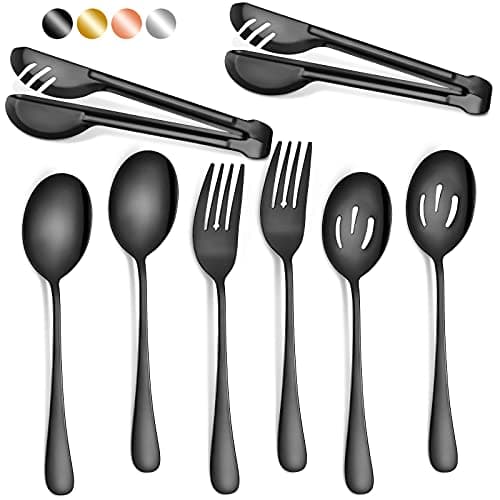 Patelai 8 Pcs Black Stainless Steel Serving Utensils Set 8.7" Large Spoons and Slotted Spoon 9.45" Tong 9" Forks Flatware Wedding Party Restaurant Cooking Kitchen Holiday Buffet Banquet Catering Hotel