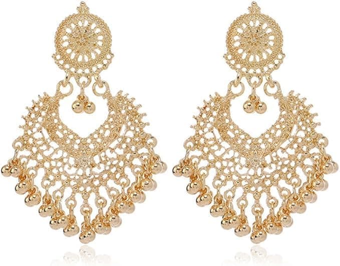 Boho Ball Tassel Statement Dangle Earrings for Women Girls Vintage Flower Heart Shaped Beaded Chandelier Drop Dangling Earring Indian Bollywood Jewelry Gifts for Jhumka Festival Holiday Christmas