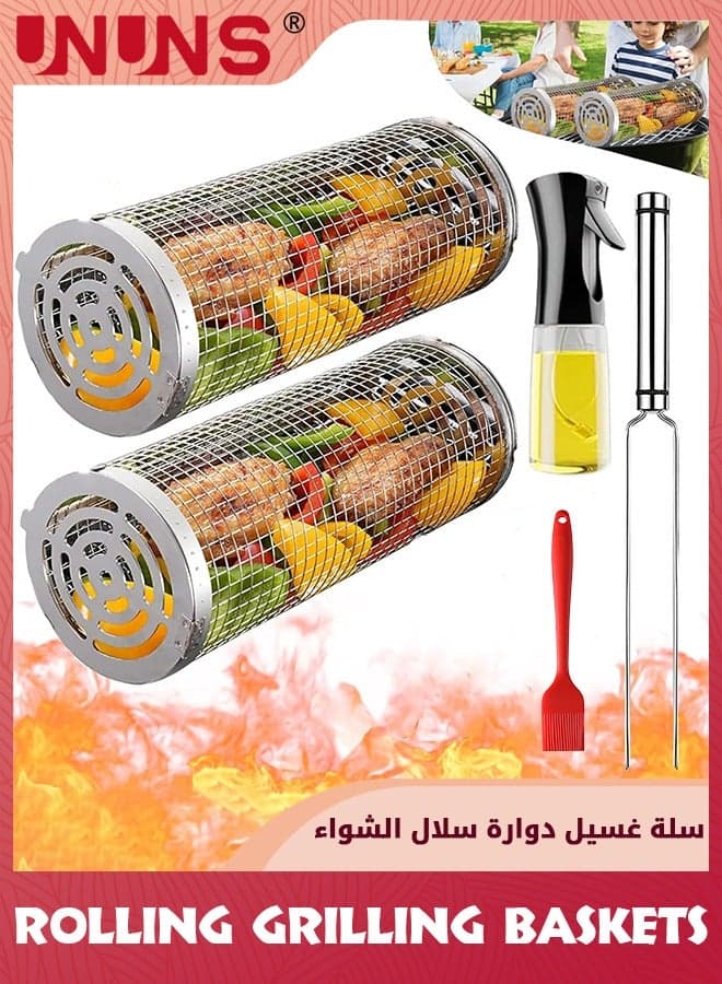 8 Pack Rolling Grilling Baskets,Rolling Grilling Baskets For Outdoor,Net Tube Stainless Steel Large Round Mesh Barbecue Cylinder Cage Cooking Accessories for Veggies Vegetable Fish Camping