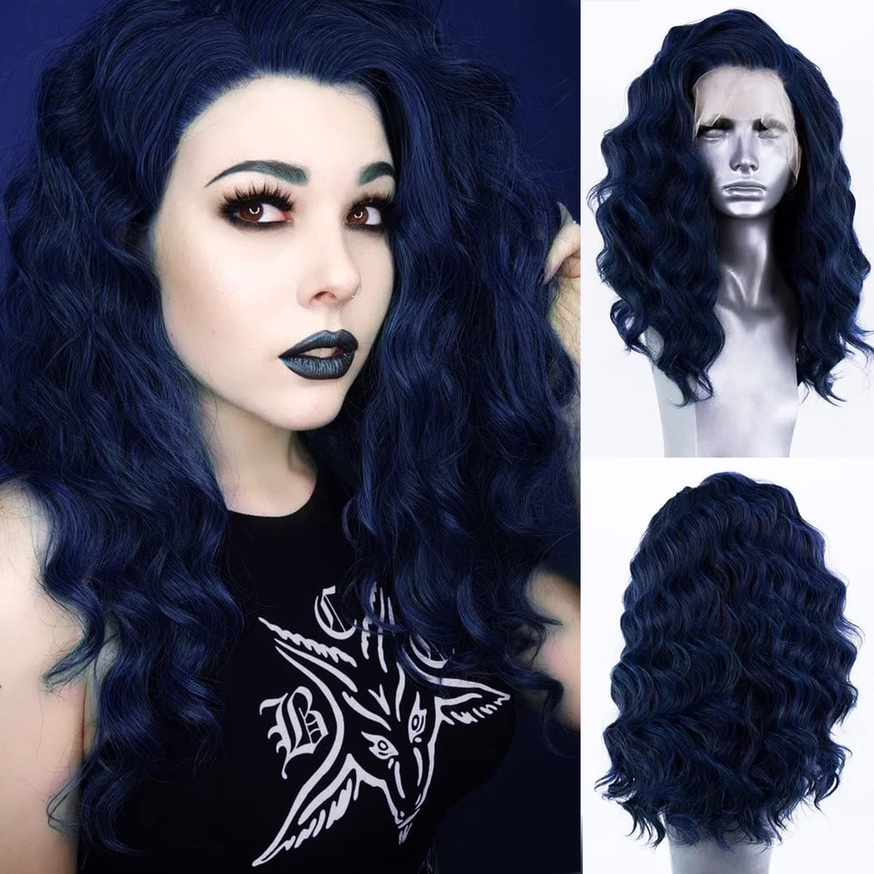 RONGDUOYI Dark Blue Wig Shoulder Length Synthetic Lace Front Wigs with Free Part Blue Short Wave Wig Natural Hairline Daily Use Cosplay Wig 12Inches