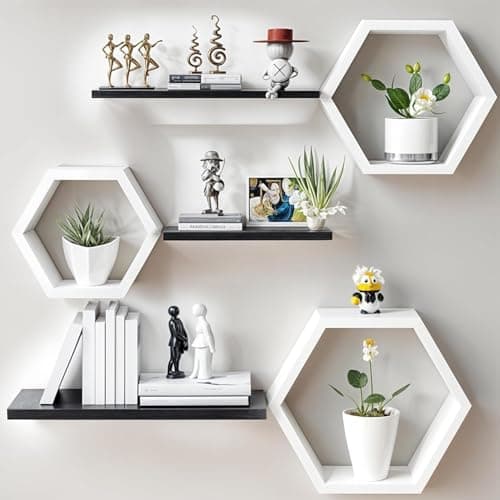 LIVINGLOOM Engineered Wood Woden Hexagonal Shape Wall Hanging Rack Floating Shelves for Display for Photos,Plants Living Room, Bedroom,Bathroom, Kitchen, Office (Black White)