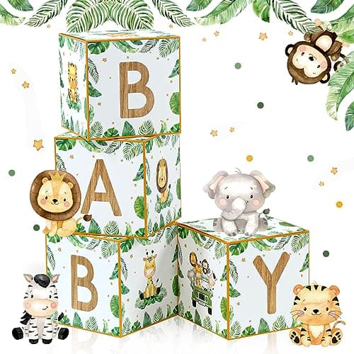 FengRise Baby Boxes for Baby Shower Decorations 4pcs Sage Green Woodland Animal Balloon Boxes for Boy GirlJungle Gender Reveal Birthday Party FavorsWild One Party Backdrop Decor Supplies