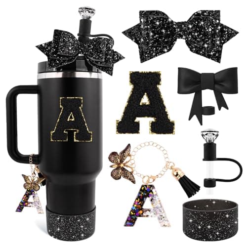 Lingdeer Black Cup Accessories Set for Stanley 30OZ & 40OZ Tumbler with Handle, Letter Charms, Bow & Diamond Straw Covers, Glitter Silicone Boot, Personalized Sticker for Stanley Cup Accessories (A)