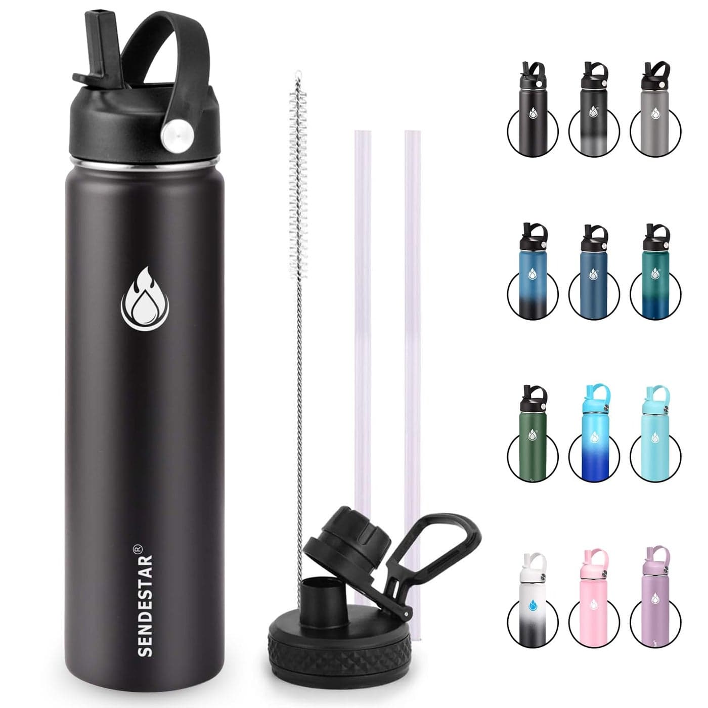 SENDESTAR Insulated Water Bottle 24 OZ Wide Mouth 24 oz Water Bottle with Straw Lid Spout Lid Double Wall Vacuum Stainless Steel Leak Proof Keeps Liquids Hot or Cold Black