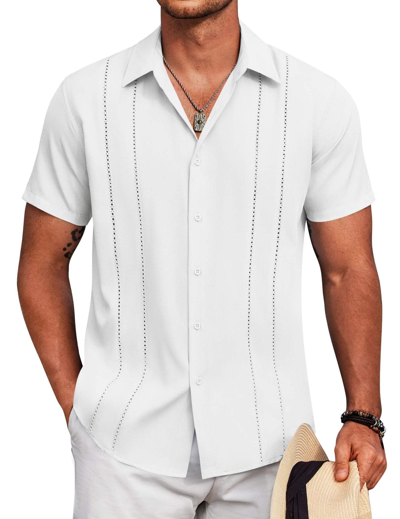 COOFANDY Mens Cotton Cuban Guayabera Shirt Casual Short Sleeve Button Down Shirts Summer Beach Shirts White