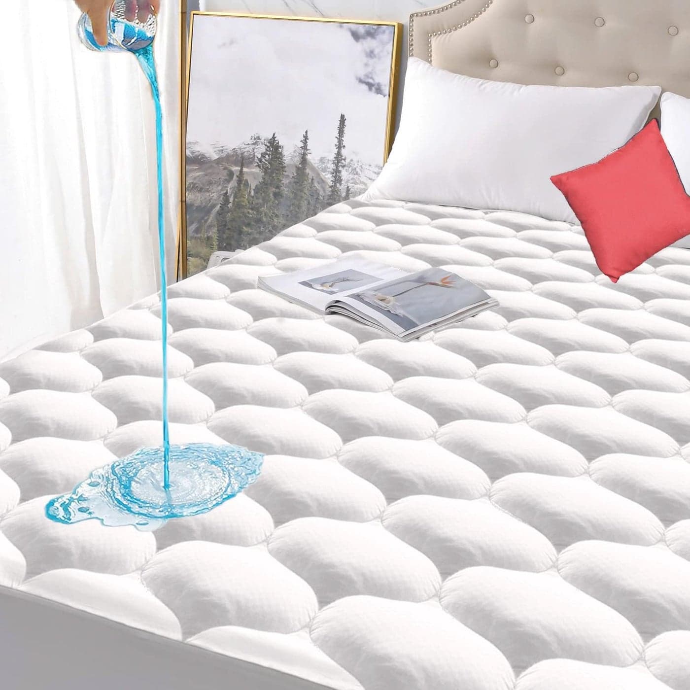 King Size Quilted Fitted Waterproof Mattress Pad Premium Hollow Material Filling Mattress Protector Breathable Quiet Cooling MachineWashable Mattress Cover with 21 Deep Pocket