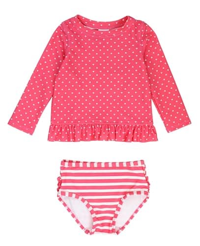 RuffleButts Hot Pink Heart Long Sleeve Rash Guard Bikini - 3T