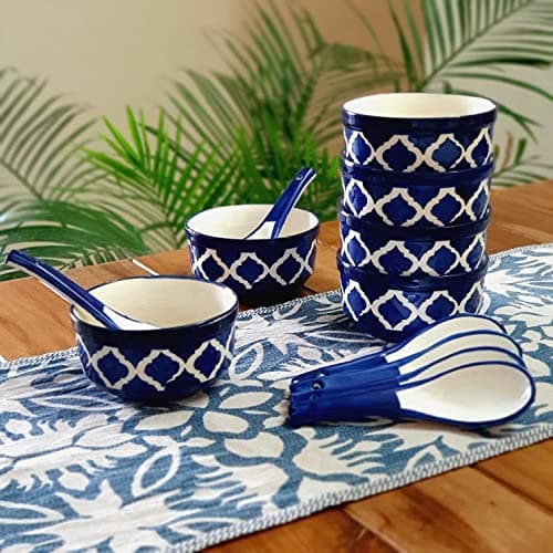 BACKKSPACE RETAIL Soup Bowl with Spoon Set | Hand-Painted Ceramic Bowl Set of 6 | 300ml Each | Ideal for Serving Soup, Maggi, Dessert | Microwave & Dishwasher Safe (Blue)
