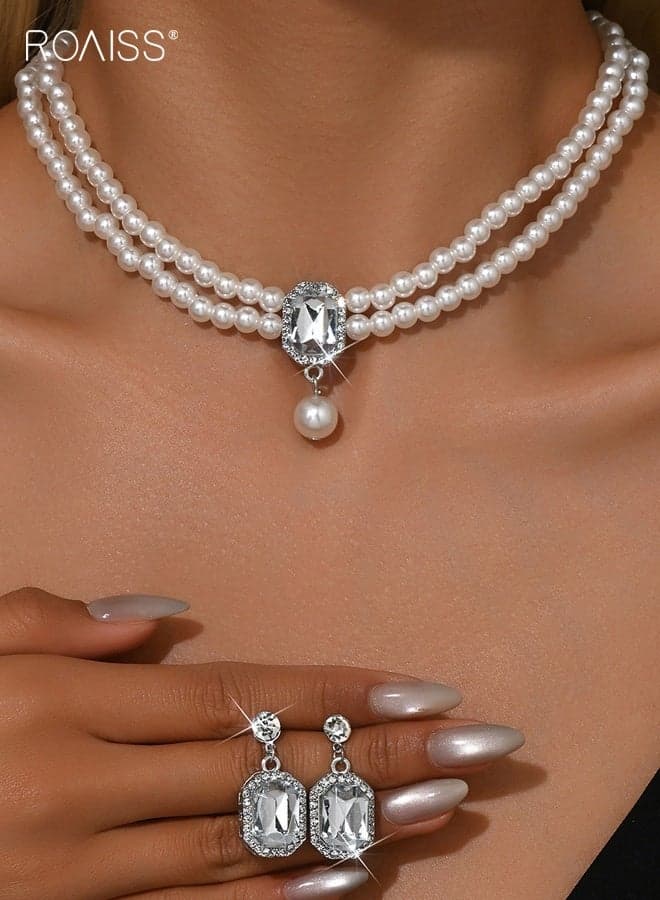 Women's Double Layer Pearl Necklace Laides Super Shiny Full Diamond Necklace and Earrings Set Light Luxury High End Clavicle Chain for Party Gift White
