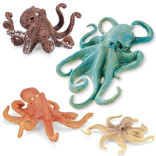 THINKBAY 4PCS Octopus Figurines Sea Animal ToysPlastic Ocean Animals Toys Figures Realistic Soft Sea Creatures Toys for Kids Boys Girls Birthday Gifts for Kids Cake Toppers Decoration