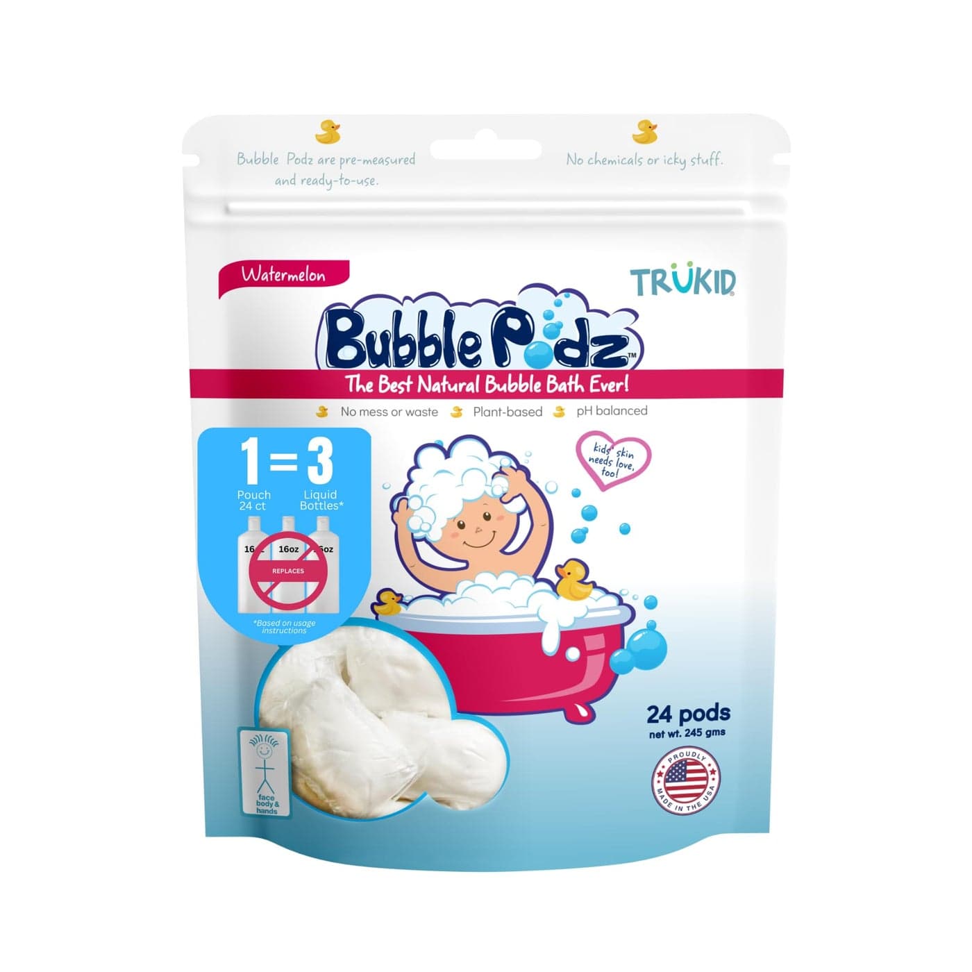 TruKid Bubble Podz Bubble Bath for Baby & Kids, Gentle Refreshing Bath Bomb for Sensitive Skin, pH Balance 7 for Eye Sensitivity, Natural Moisturizers and Ingredients, Watermelon (24 Podz)