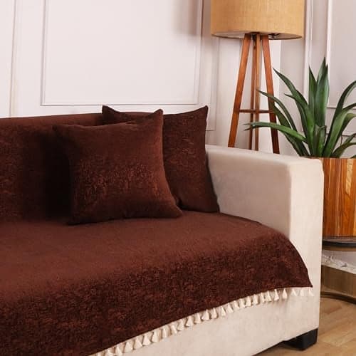 STITCHNEST Brown Chenille Sofa Cover 70x60 Inch – Soft, Durable & Textured Fabric with Tassels | Full Coverage Sofa for Living Room, Bedroom, or Drawing Room