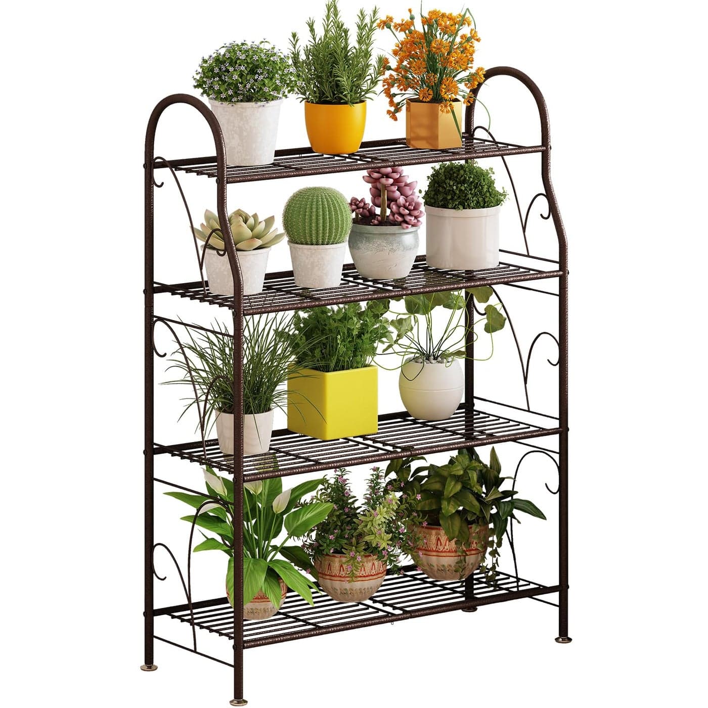 SORCEDAS Plant Stand Indoor Outdoor Plant Stands 4 Tier Metal Corner Plant Shelf Multiple Holder for Living Room Balcony Garden Bronze