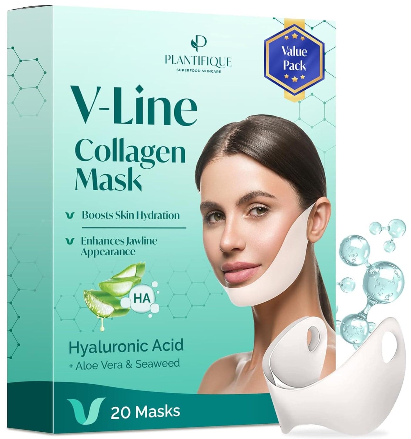 PLANTIFIQUE V-Line Collagen Mask for face, Chin Strap for Double Chin Women & Men, V Line Lifting Mask with Collagen and Hyaluronic Acid, V Shape Face Tape Chin and Neck Mask for Skin Firming (20)