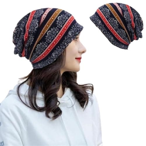 SHOPVILLA Bandanas for Women, Slouchy Chemo Beanie Cap for Women, Boho Print Bandanas Skull, Fashion Soft Stretch Chemo Scarf Helmet, Casual Saggy Head Scarves - All Seasons Use Dark Blue