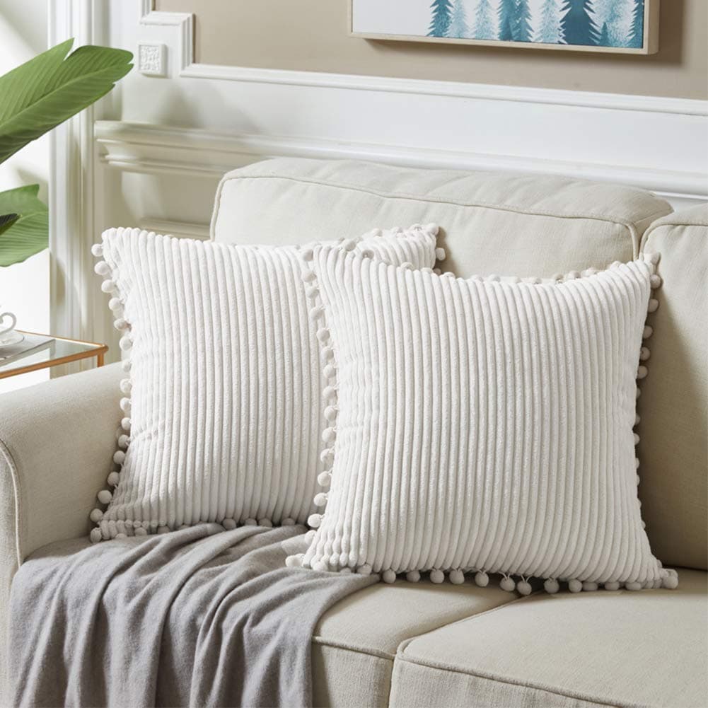Fancy Homi 22x22 Pillow Covers Pack of 2 Cream White Throw Pillow Covers with Pompoms Super Soft Corduroy Square Solid Cushion Cover for Couch Sofa Bedroom Living Room 55x55 cm
