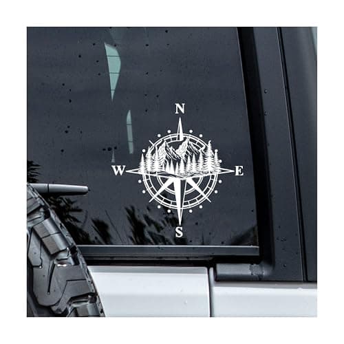 MYMKO Compass Mountain Forest Decal Outdoor Car Window Decals 6 Inches UV DTF Tranfer Car Stickers Weatherproof Car Truck Window Bumper Sticker Adventure Car Stickers and Decals for Hiking Lovers