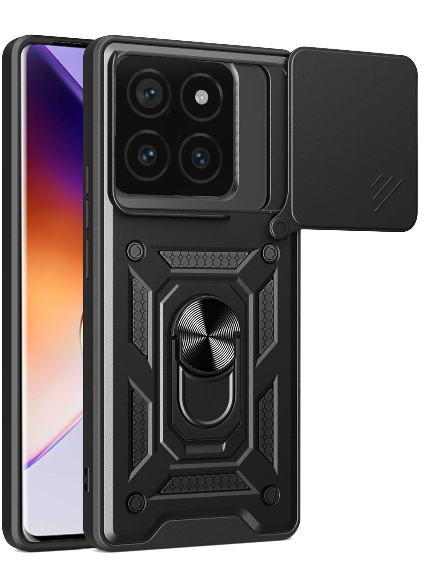 Xiaomi 14T Pro 5G Case Cover, Slide Camera Lens Cover + 360°Rotating Kickstand Ring + Support Magnetic Car Mount Shockproof Mobile Phone Case For Xiaomi 14T Pro 5G, Black