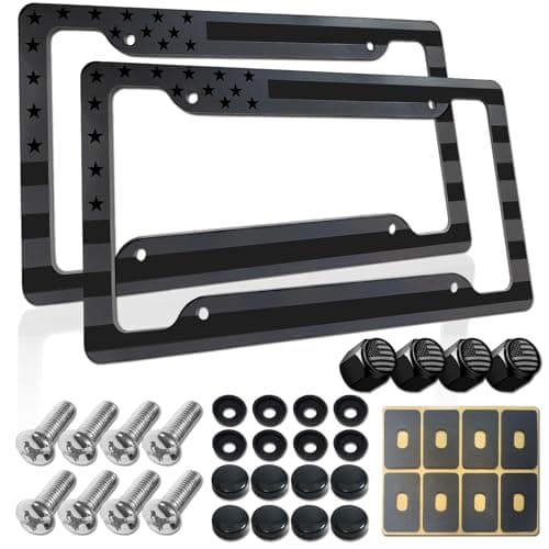 BGGTMO American Flag License Plate Frames 2 Pack Black Grey Patriotic USA Aluminum Car Tag Holder Cover for Front Rear with Screws Caps