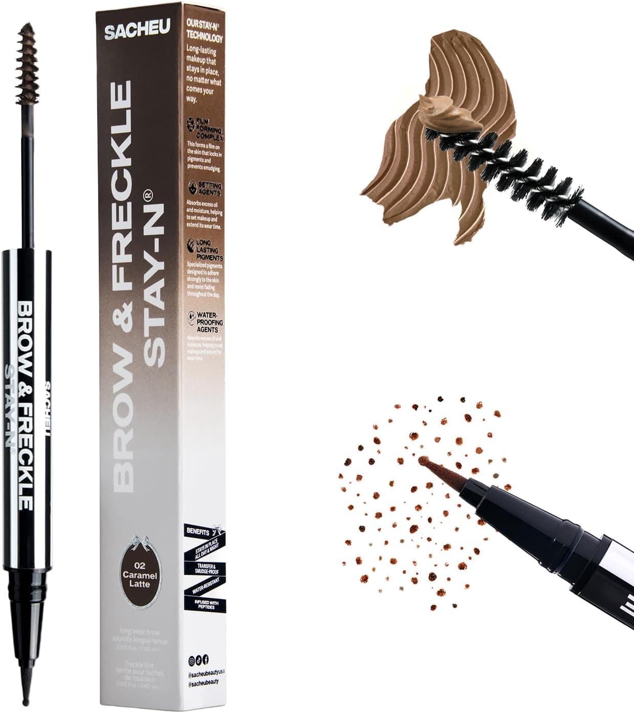 Sacheu Brow Freckle STAYN Tinted Eyebrow Gel Faux Freckle Pen 2in1 Longwear Water Resistant Brows Tint CrueltyFree Vegan Caramel Latte