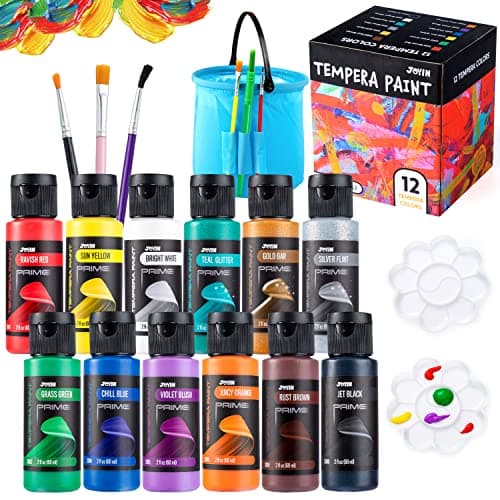 JOYIN Washable Tempera Paint Set for Kids 12PCS Non Toxic Liquid Paint with 6 Brushes and 2 Palettes Art Supply for Kids for Arts and Crafts Project Finger Painting 2 oz Each Easter Basket Stuffers