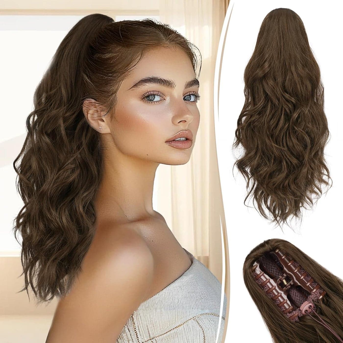 RUWISS Ponytail Extension 18 Inch Wavy Claw Clip in Ponytail Hair Extensions Chestnut Brown Long Synthetic Curly Ponytail Hairpieces for Women