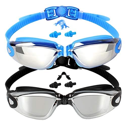 EverSport Kids Swim Goggles, Pack of 2 Swimming Goggles for Children Teens, Anti-Fog Anti-UV Youth Swim Glasses Leak Proof for Age4-16, Mirrored Blue & Black, Portable