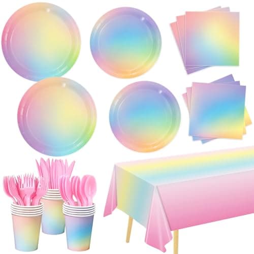 169 PCS Rainbow Party Decorations Disposable Paper Plates Napkins Cups Cutlery Tablecloth Pastel Rainbow Birthday Decorations for Girls Baby Shower Serves 24