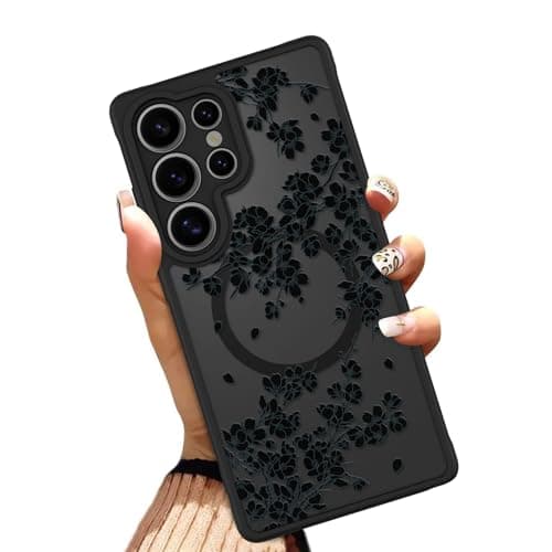 OOK Case Fit for Samsung Galaxy S25 Ultra 69 Inch Wireless Charging Compatible Black Floral Flowers Design Translucent Phone Cover Soft TPU Hard PC AntiScratch Shockproof Magnetic Case for Women