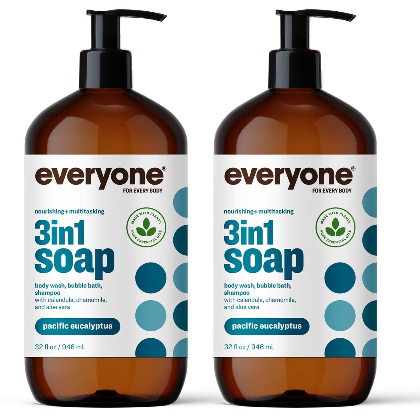 Everyone 3in1 Soap Body Wash Bubble Bath Shampoo 32 Ounce Pack of 2 Pacific Eucalyptus Coconut Cleanser with Plant Extracts and Pure Essential Oils