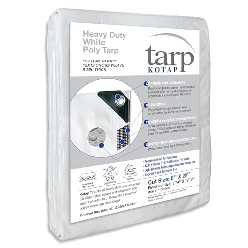 Kotap 8 x 20 Ft. Heavy-Duty Protection/Coverage Tarp, Superior Weave for Greater Longevity 8-mil, Multi-Use, Waterproof, White, 1-Pack (TRW-0820)