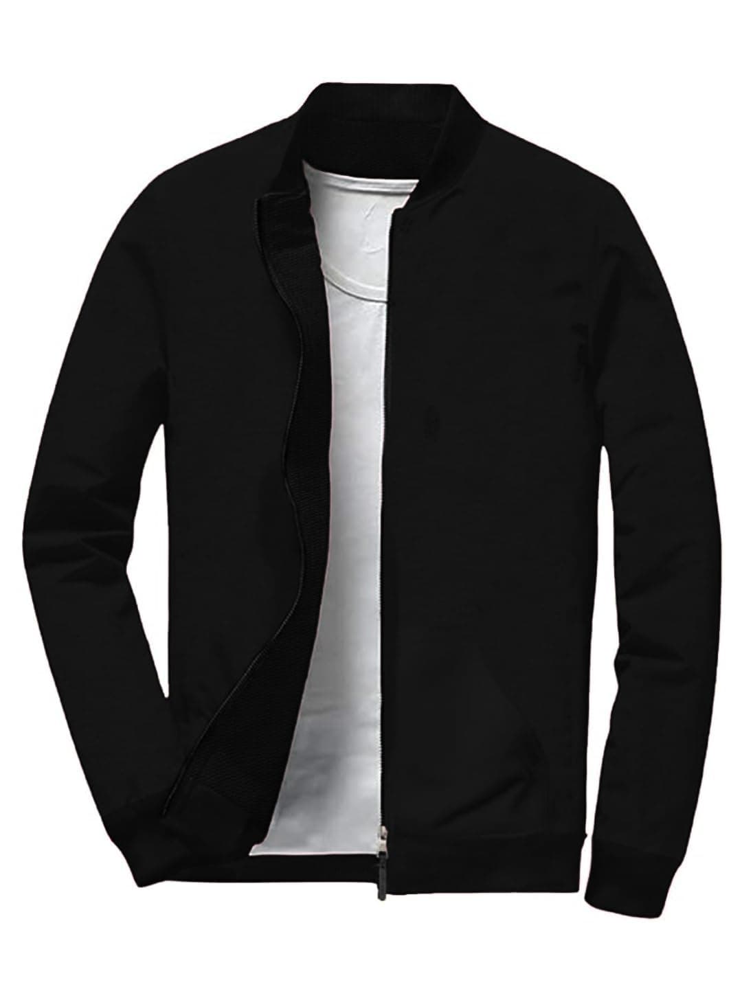 LEOTUDE Men's Solid Full Sleeve Regular Fit Loopknit Bomber Jacket (ZIPPER02_P_Black_S)