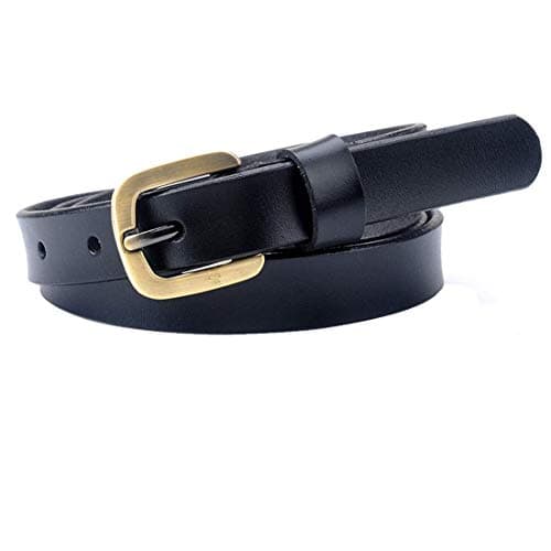 VONSELY Genuine Leather Casual Belt, 2 Sizes Choice Narrow Womens Belts for Dresses, Green Bronze Alloy Buckle, Black Belt 115CM