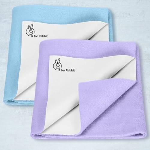 R for Rabbit Waterproof Quick Dry Sheet Bliss for Baby | Anti-Piling Fleece Breatheable Fabric Extra Absorbent Instant Dry Baby Bed/Cot Protector Mat (Size-S,Blue-Purple,Pack of 2)