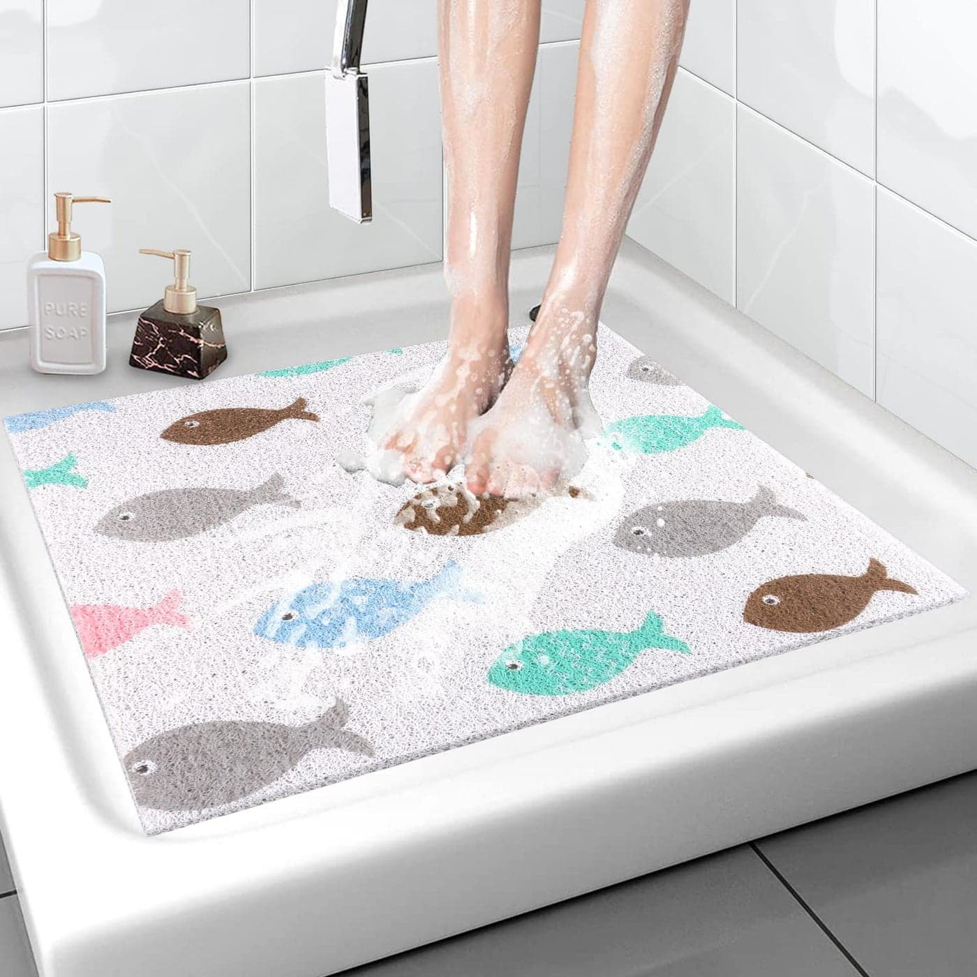Shower Mat NonSlip 24x 24 Inch Square Soft Comfort Bath Mats with Drainage Holes PVC Loofah Massage Bathmat for ShowerBathroom Wet Areas Quick Drying