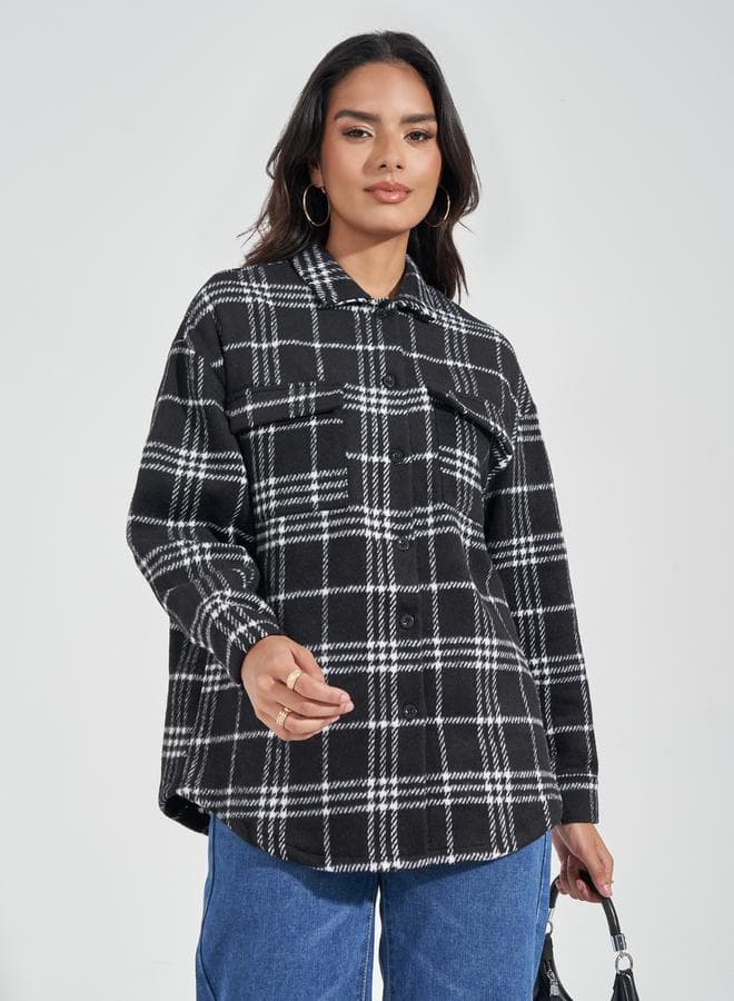 Oversized Longline Wool Like Checked Shacket — M