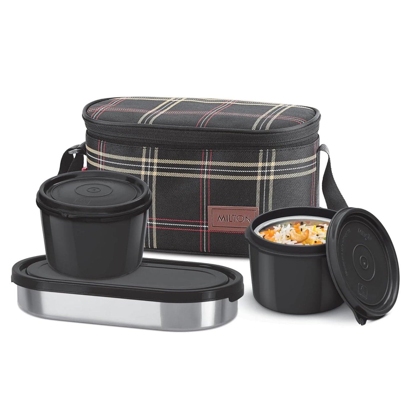 Milton Decker Lunch Box with Insulated Fabric Jacket, 3 Containers (1 Oval Stainless Steel 450 ml, 2 Inner Stainless Steel 450 ml), Microwave Safe & Leak-Proof Tiffin for Office, School, College,Black