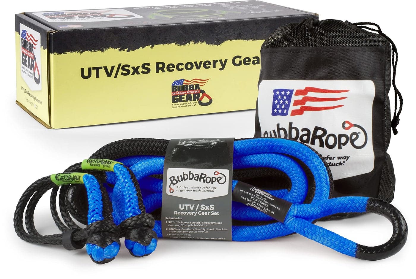 Bubba Rope HeavyDuty OffRoad ATV UTV SxS Tow Recovery Gear Set Power Stretch Recovery Rope 58 x 20 NexGen PRO GatorJaw Synthetic Shackles 516 x 5 5 Blue